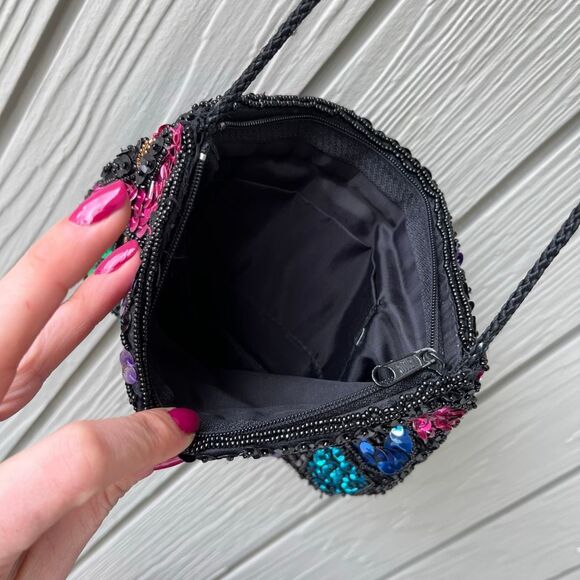 VTG 80s Beaded Sequin Crossbody Bag Black Multicolor Party Purse - Picture 8 of 8